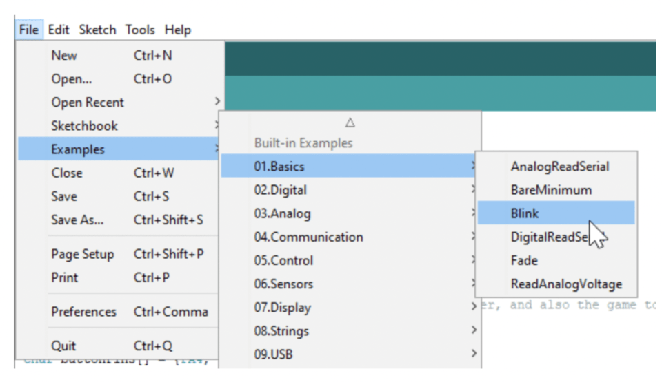 Open the Blink example for Arduino