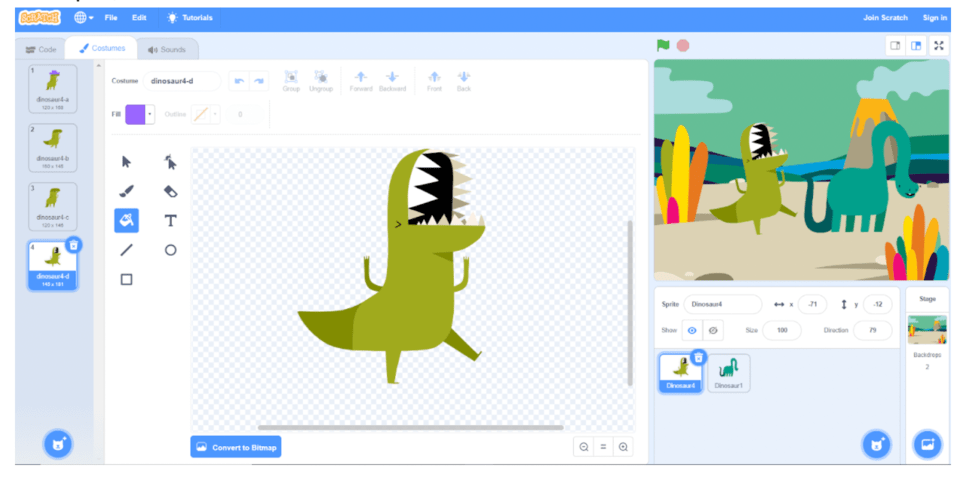 Change your dinosaur in Scratch coding for kids