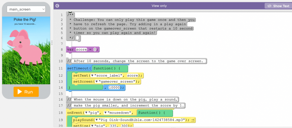 Poke the Pig game on Code.org