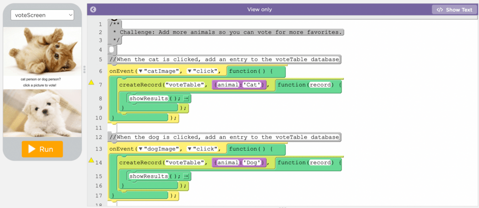 Voting app game on Code.org