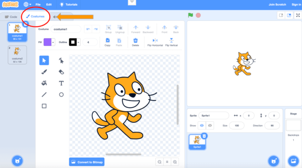 Costumes section in Scratch coding