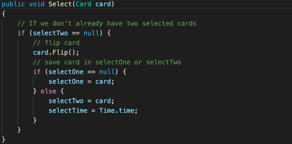 Whenever a card is selected, store it to be compared.