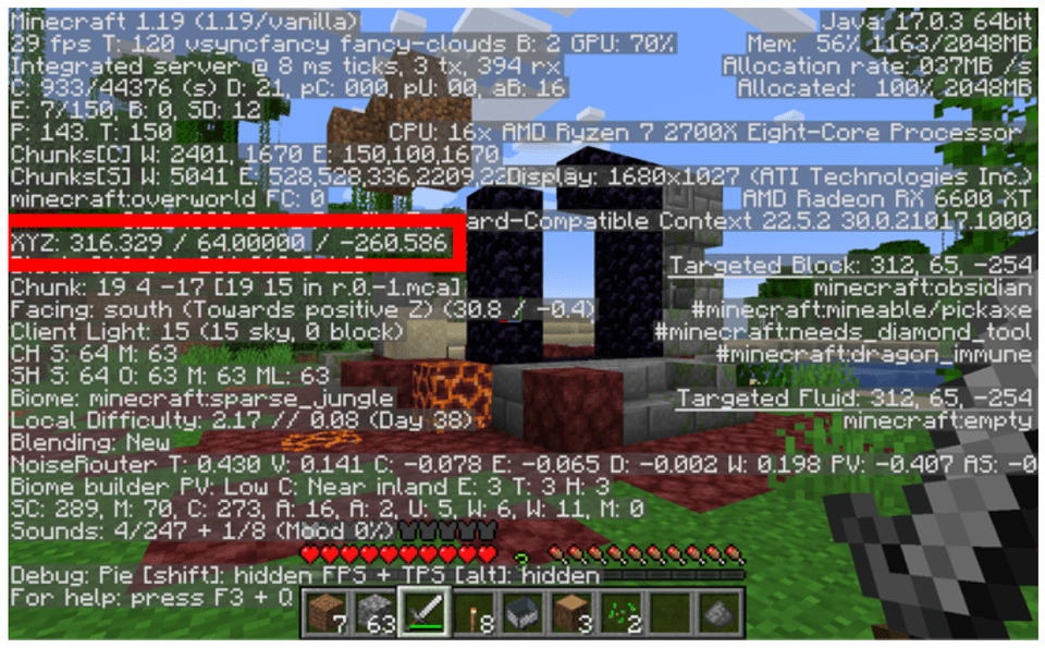 where the coordinates appear in Java Minecraft