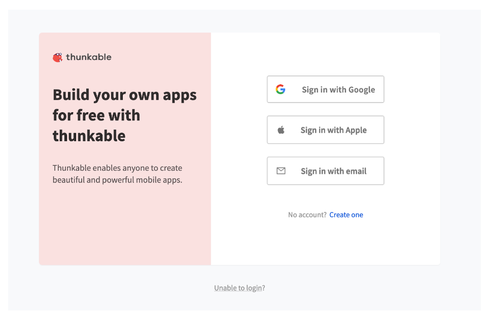 Thunkable's sign up page
