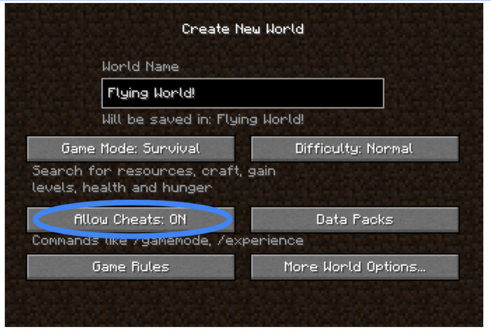 Minecraft flying commands turning on cheats