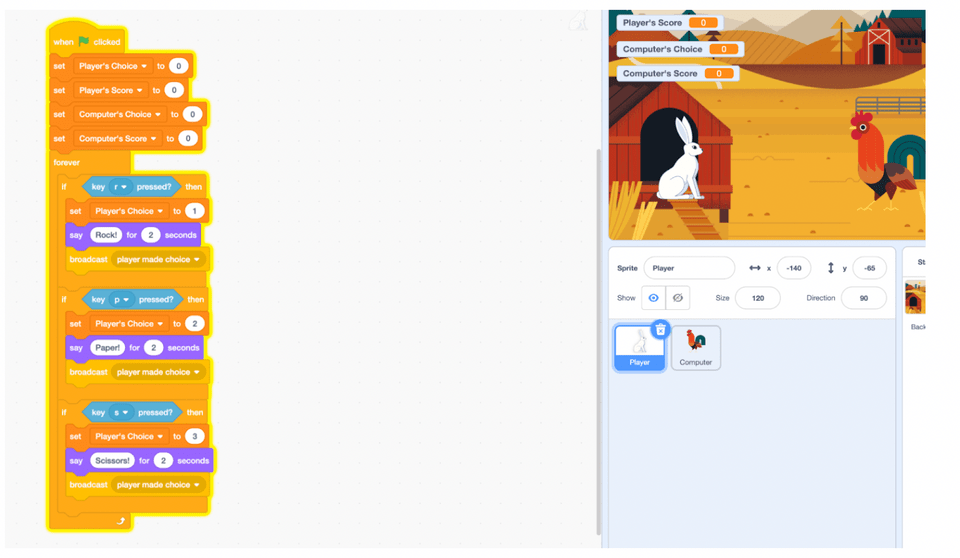Scratch coding for rock, paper, scissors game