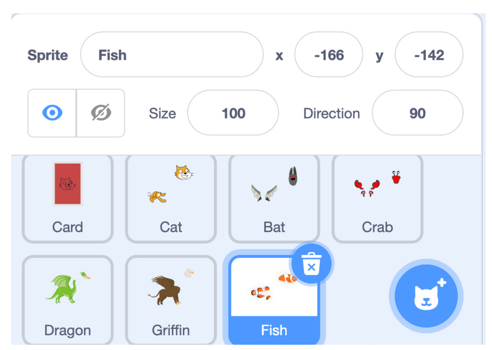 A fish sprite selected in Scratch coding