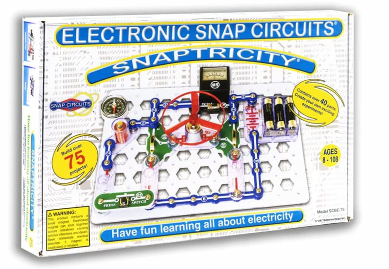 A white Snap Circuits kit box with circuits on it