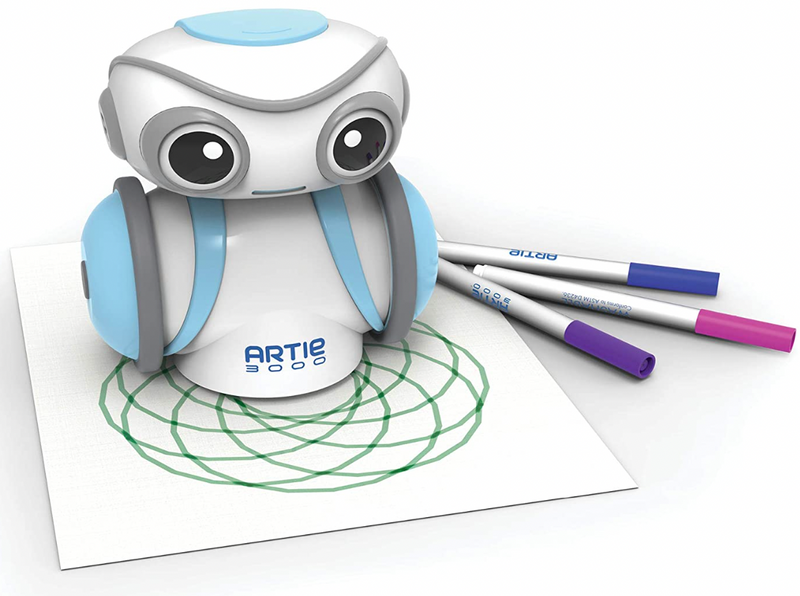 Artie owl-looking robot with paper and a circular design on it