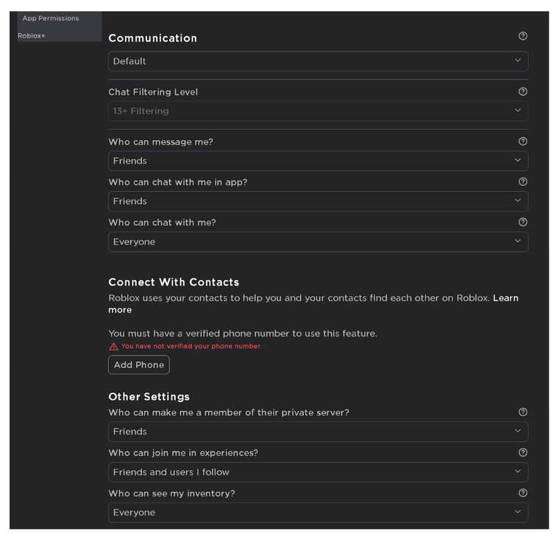 Roblox Privacy tab