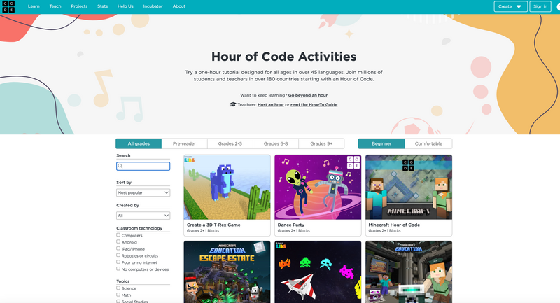 Hour of Code tutorials from Code.org website