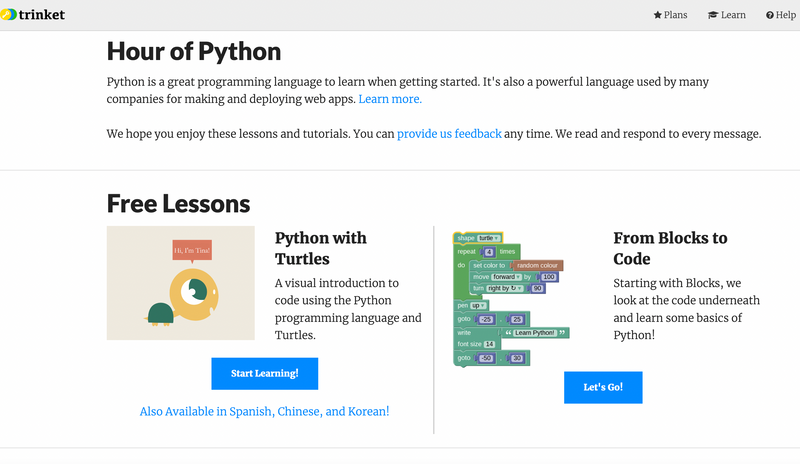 Trinket website for learning Python coding